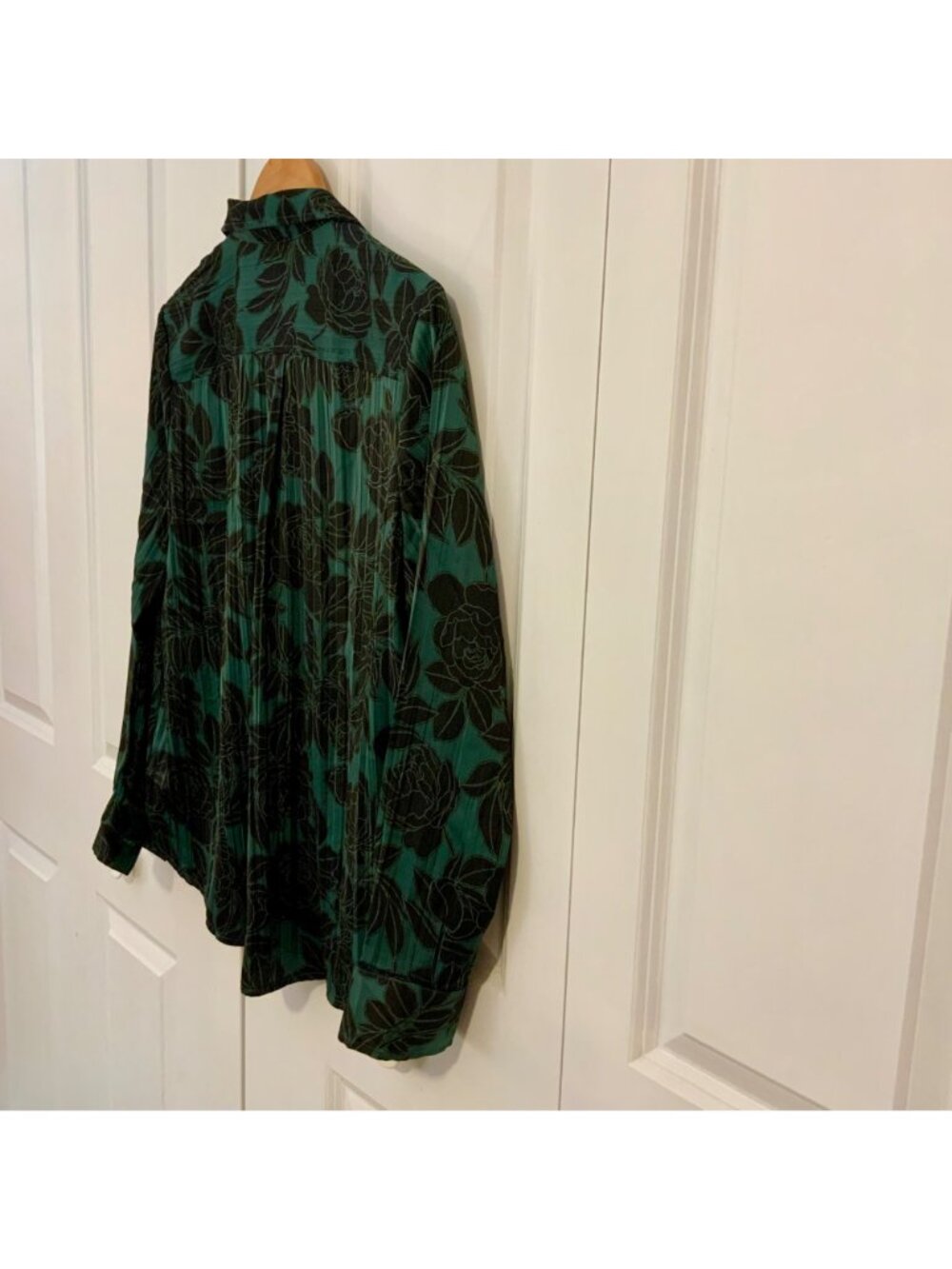 Gap Green Black Floral Satin Pleated Long Sleeve Oversized Boyfriend Shirt Small - Picture 10 of 11